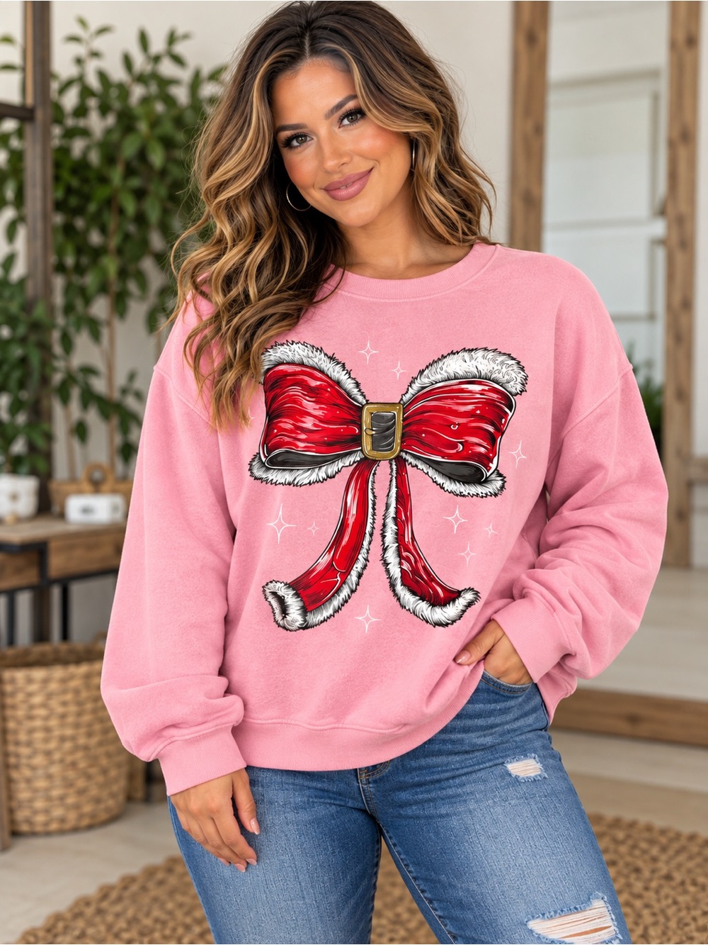 Simply Southern Pink Sweatshirt with Red Bow Graphic XL-XXL